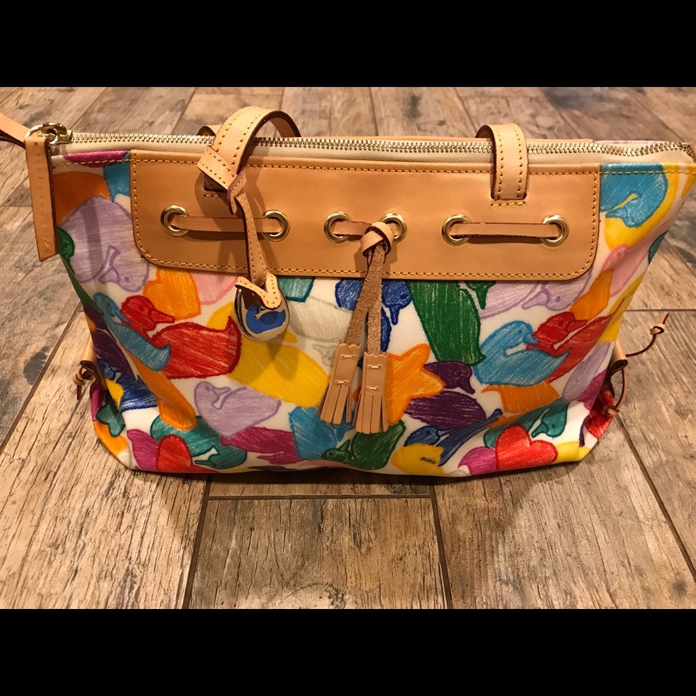Dooney & Bourke Tote Bright Multicolor White Purse Ducks Stars Hearts EUC